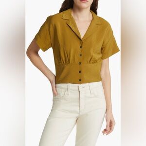Madewell Drapey Banded Bottom Button-Up Top in Spiced Olive, Size Small